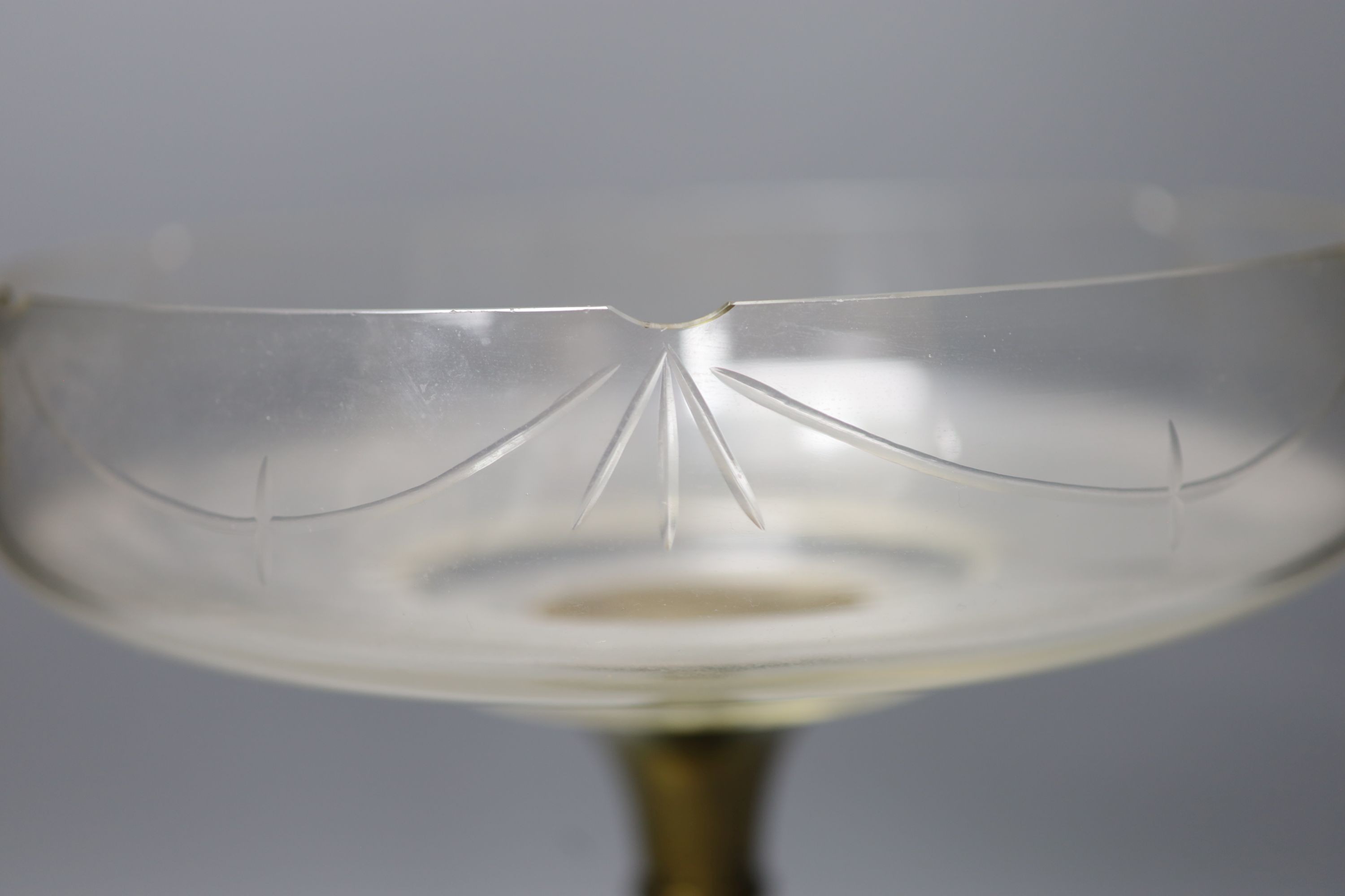 A brass comport with glass bowl, 34. 5 cm high